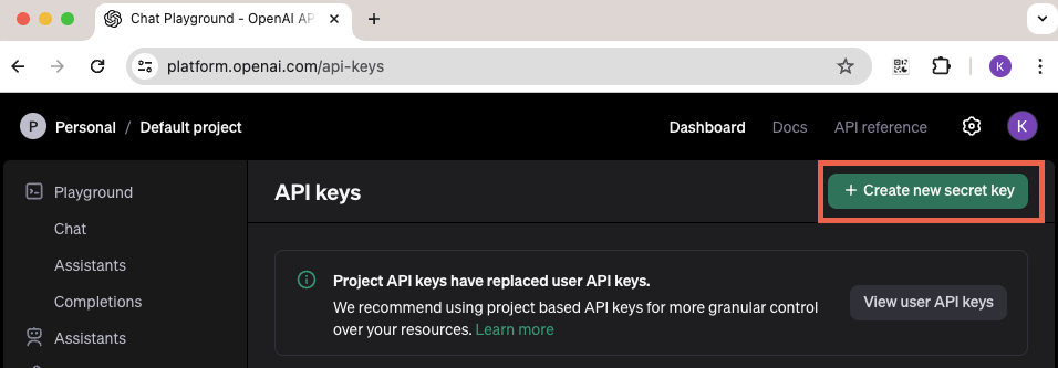 OpenAI API Create key button